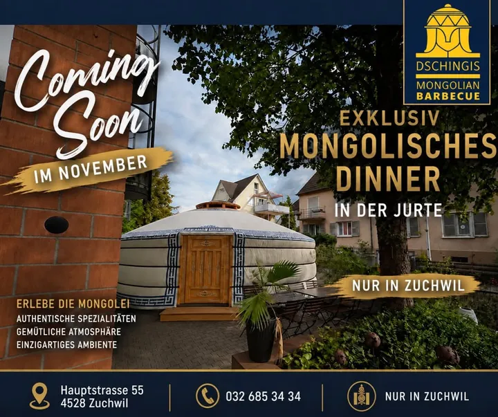 Plakat: Mongolisches Dinner in der Jurte, ab November in Zuchwil